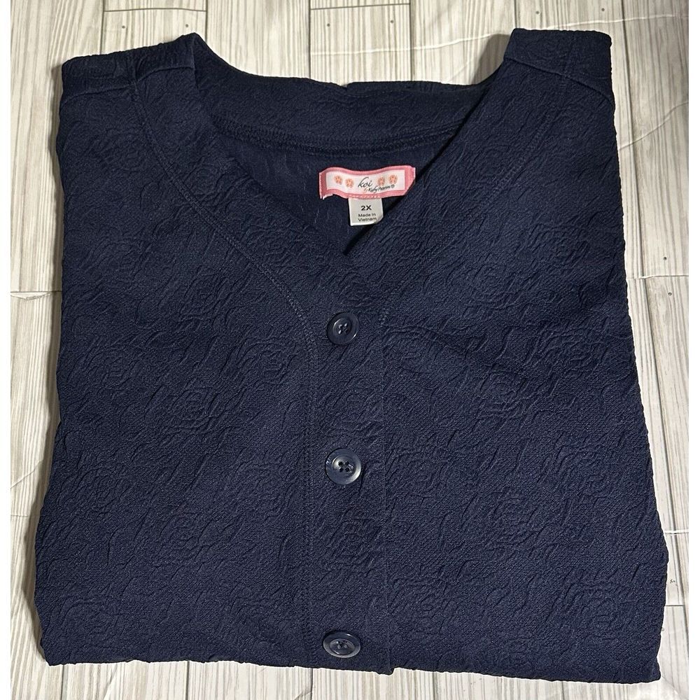 Koi By Kathy Peterson Claire Floral Jacquard Knit Cardigan Sweater 2X Navy Blue